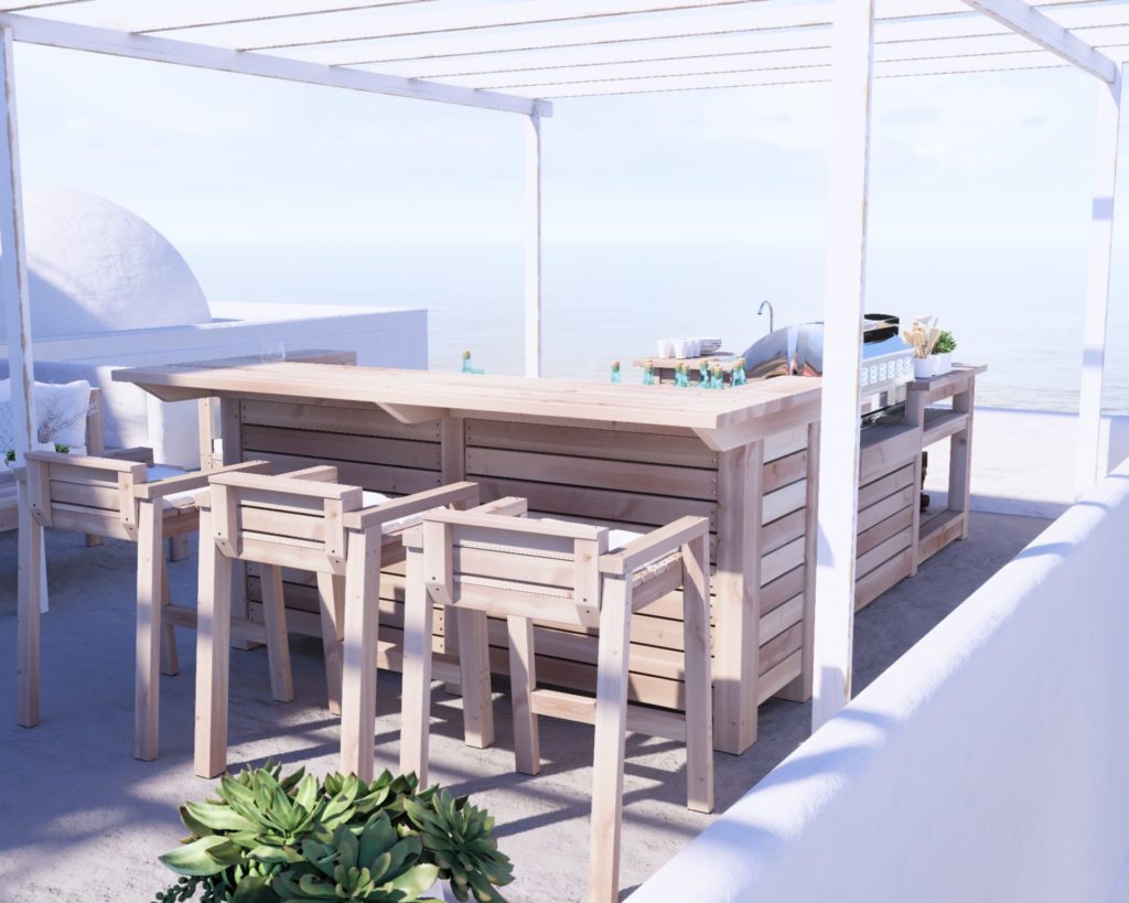 Stunning rooftop DIY outdoor kitchen with ocean view in Santorini-inspired setting