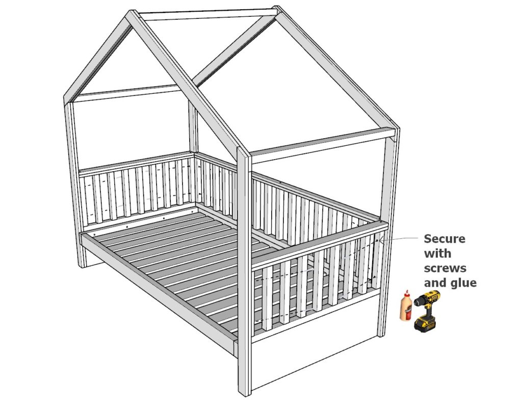 Adding the railing to the bed and securing with screws and glue