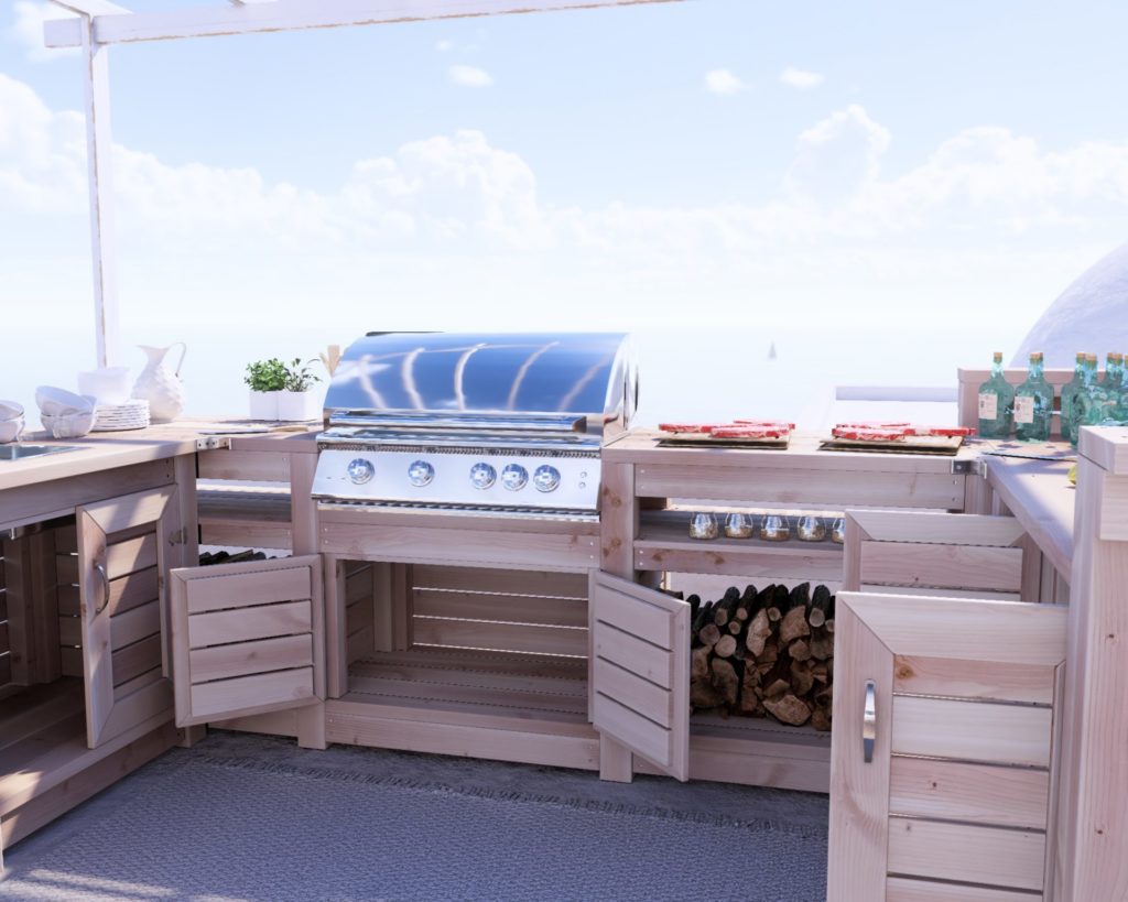 DIY outdoor wooden kitchen plan in a Santorini-inspired rooftop setting with ocean view
