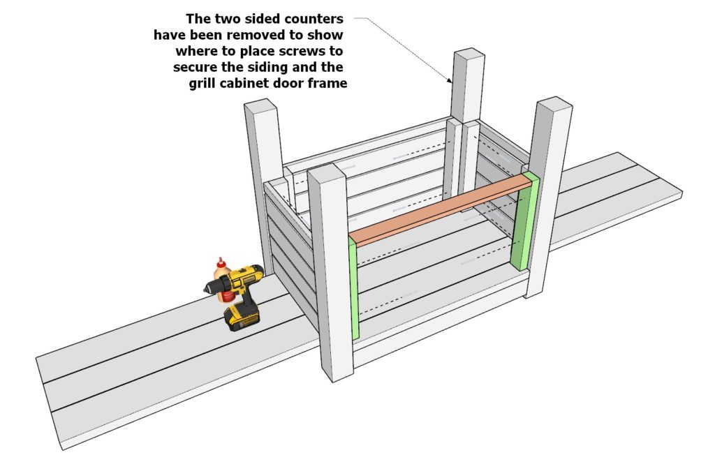 cabinet door frame construction for grill cabinet storage