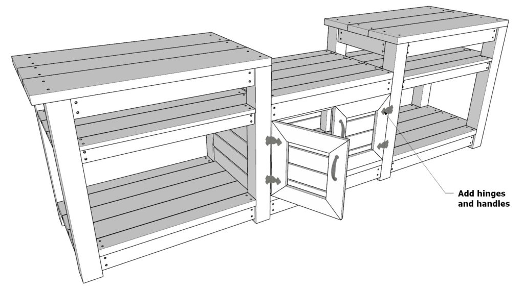 Adding hinges and handles to cabinet doors for DIY grill cabinet storage