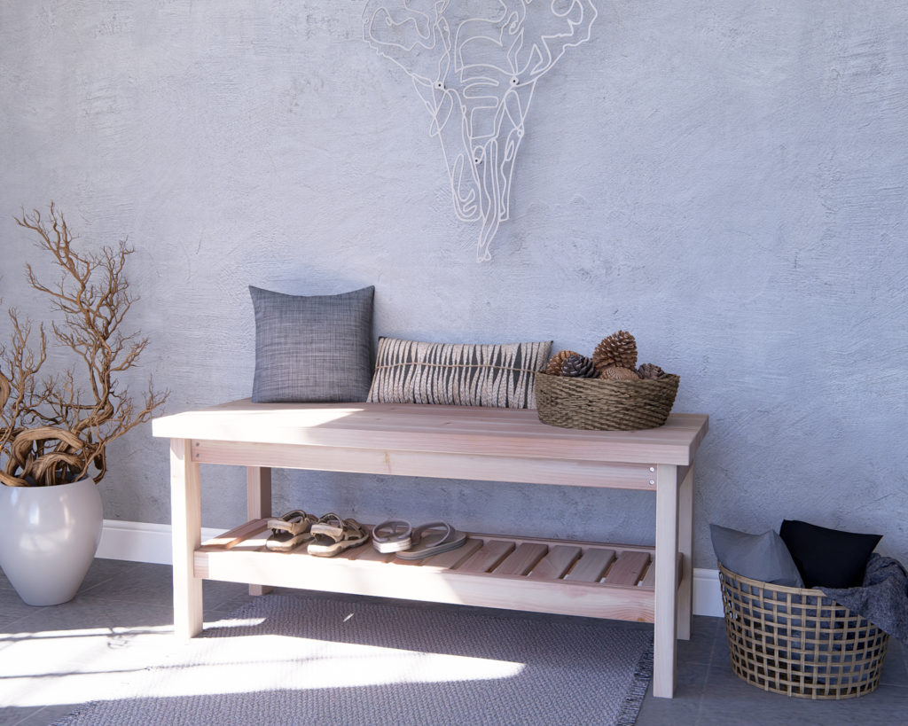 Handcrafted wooden DIY entryway bench in a cozy home setting