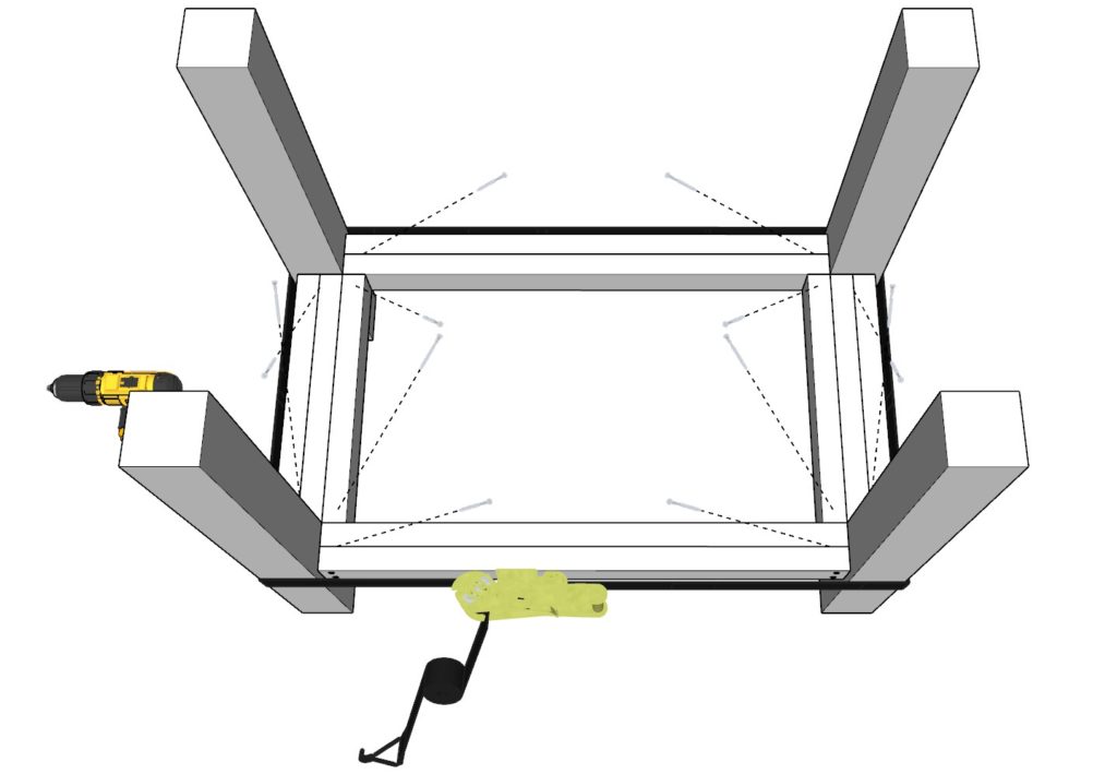 Adding counter frame to counter legs using ratchet straps