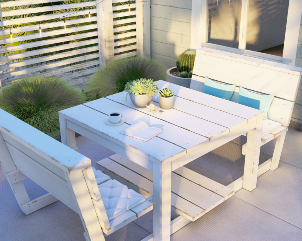 White Weathered Beach Picnic Table in Beach House Backyard