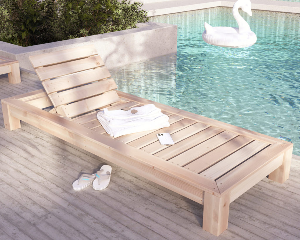 Finished wooden chaise lounge bed by the poolside, perfect for sunbathing and relaxation