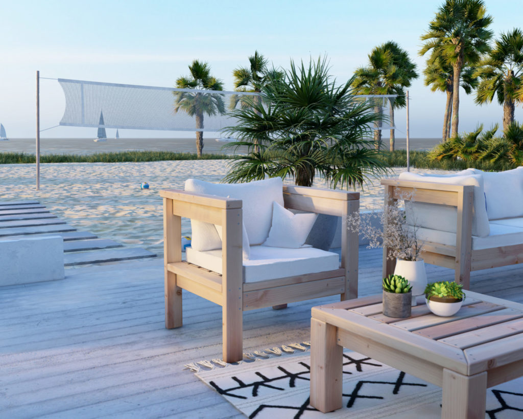DIY 2x4 wooden chair with white cushions on a beach patio, perfect for outdoor seating.