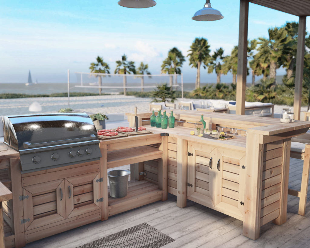 Beach patio with DIY outdoor kitchen, including a bar, grill, and sink, overlooking the ocean.