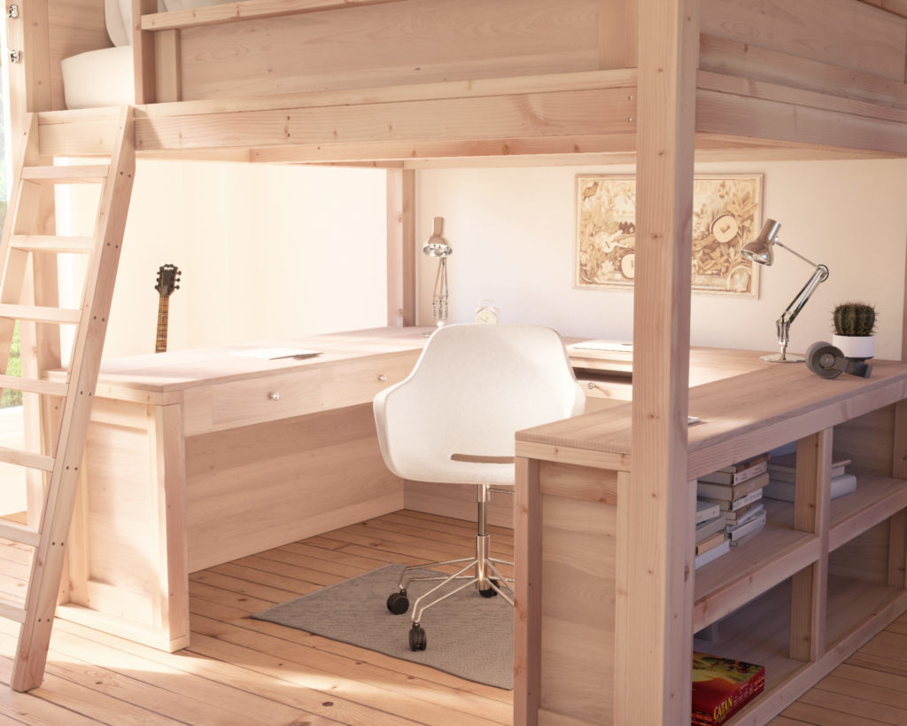 DIY wooden queen loft bed with built-in desk and bookcase