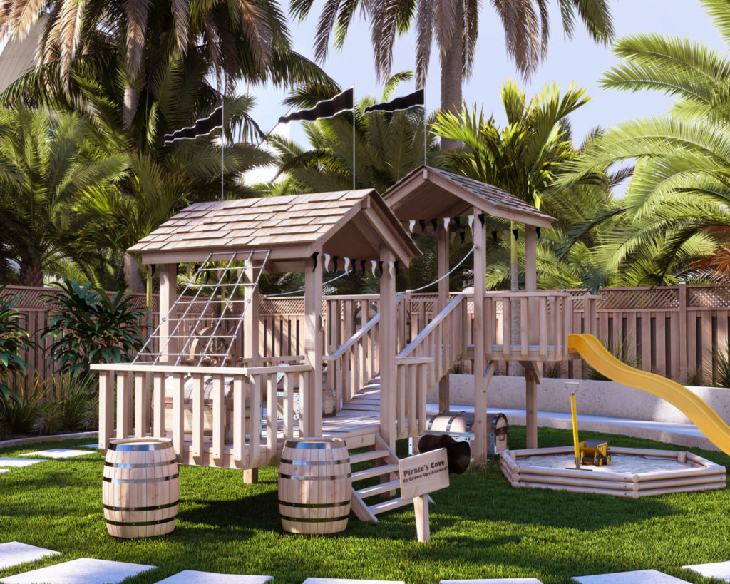 DIY Pirate-Themed Double Playhouse with Bridge and Slide in a Garden Setting