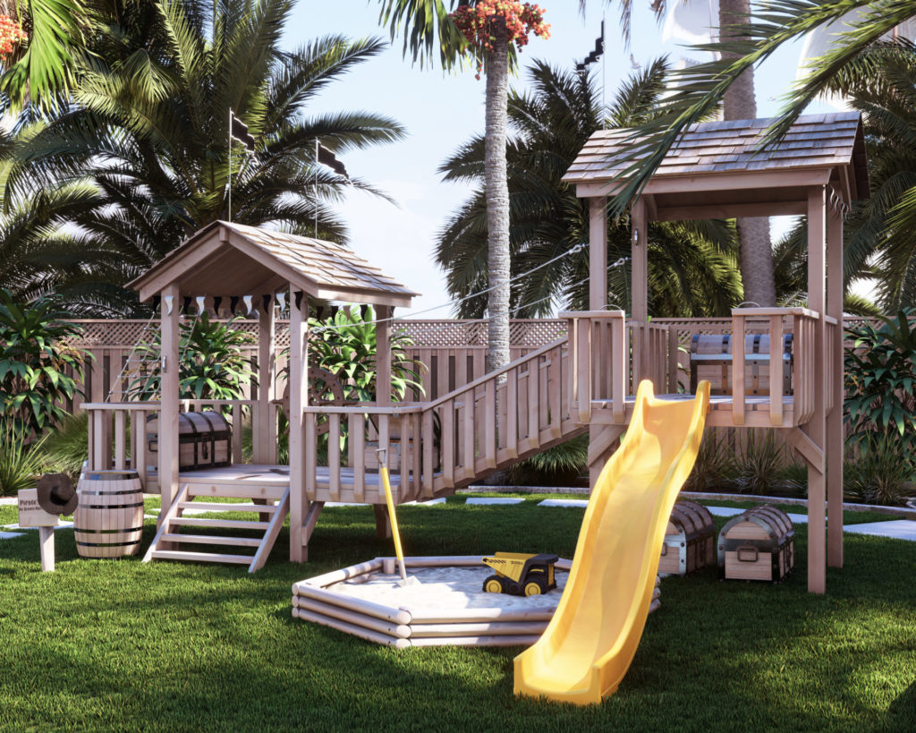 DIY Pirate-Themed Double Playhouse with Bridge and Slide in a Garden Setting