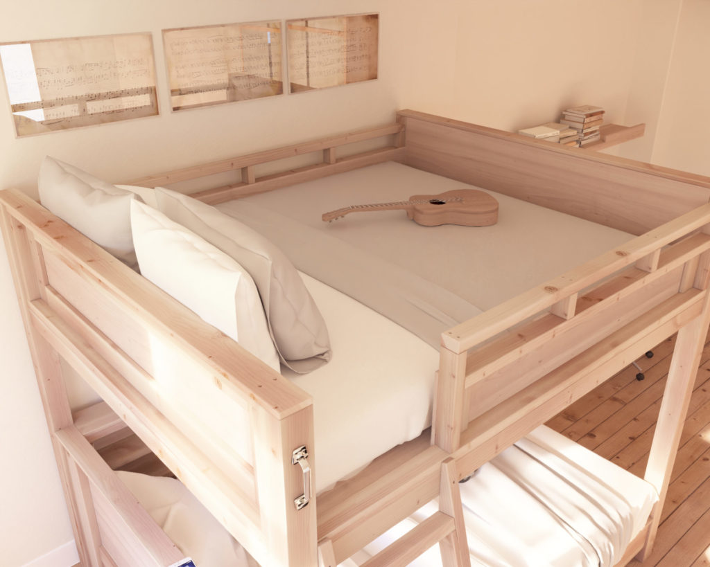 A beautiful, country-style wooden loft bed with two queen mattresses, adorned with crisp white sheets in a minimalistic and comfortable room setting.
