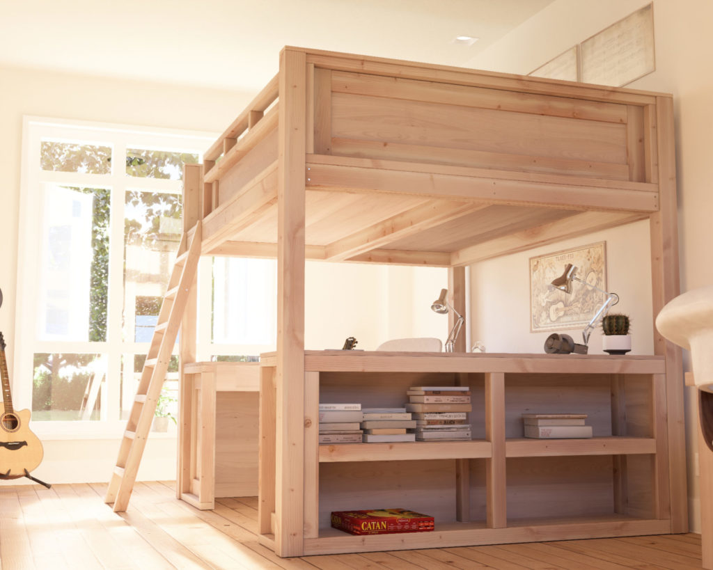 DIY wooden queen loft bed with built-in desk and bookcase