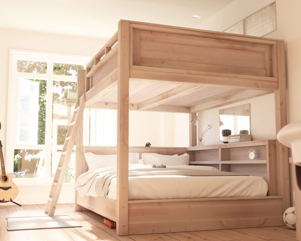 A beautiful, country-style wooden loft bed with two queen mattresses, adorned with crisp white sheets in a minimalistic and comfortable room setting.