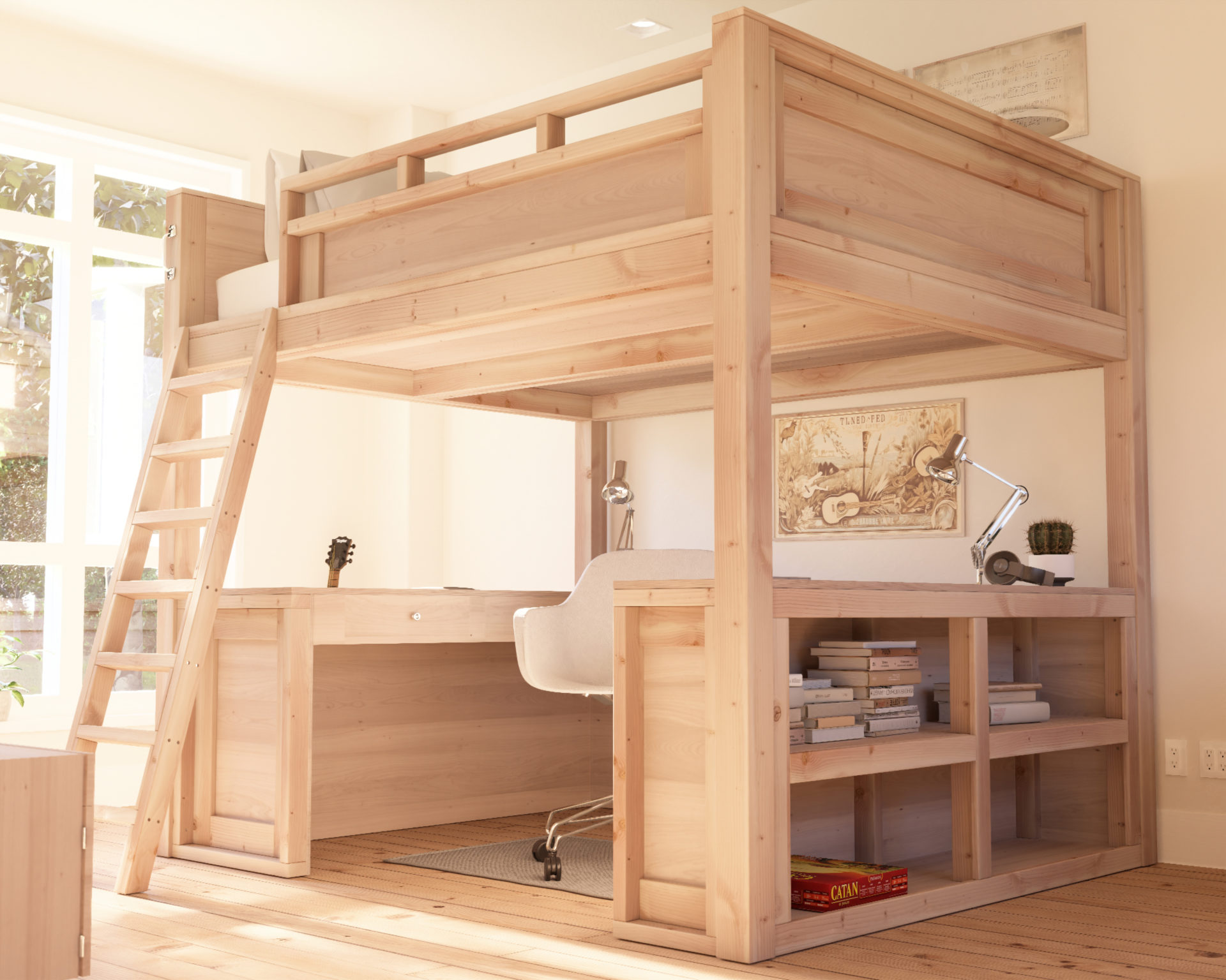 DIY wooden queen loft bed with built-in desk and bookcase