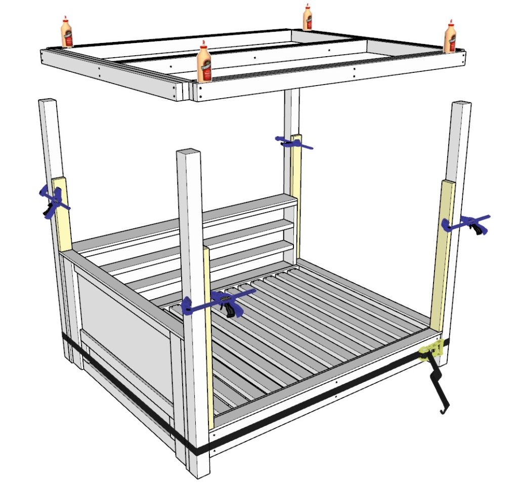 installing DIY loft bed 2x4 frame to loft bed desk, pillars , and computer tray