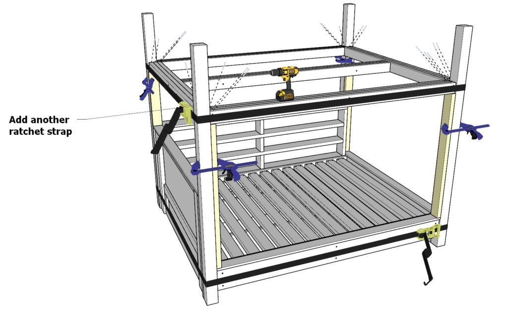 installing DIY loft bed 2x4 frame to loft bed desk, pillars , and computer tray