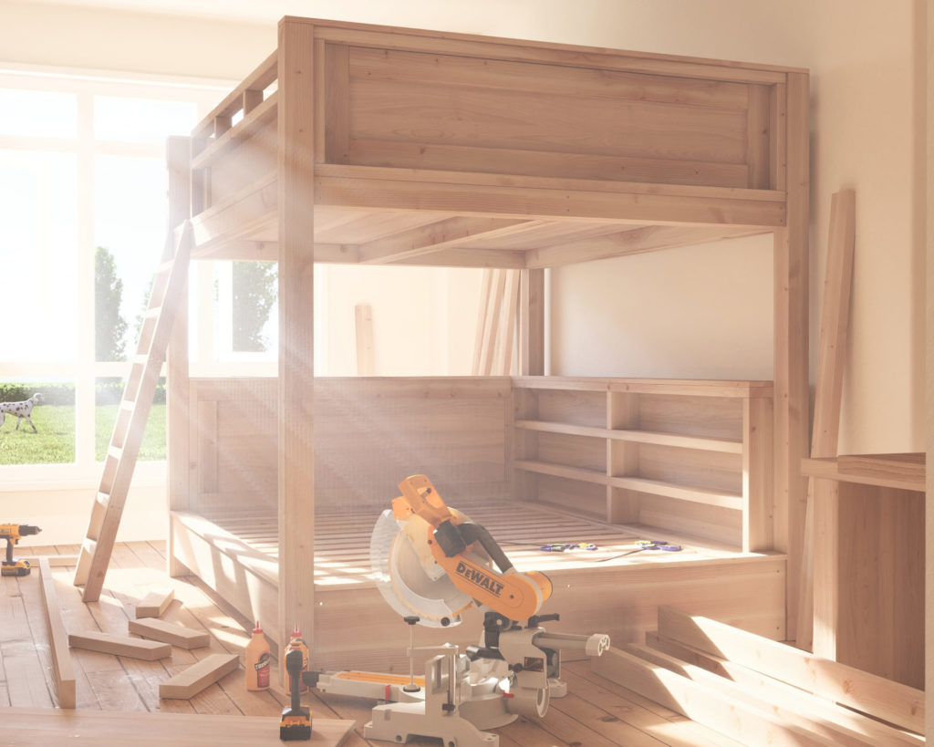 A beautiful, country-style wooden loft bed with two queen mattresses, adorned with crisp white sheets in a minimalistic and comfortable room setting.