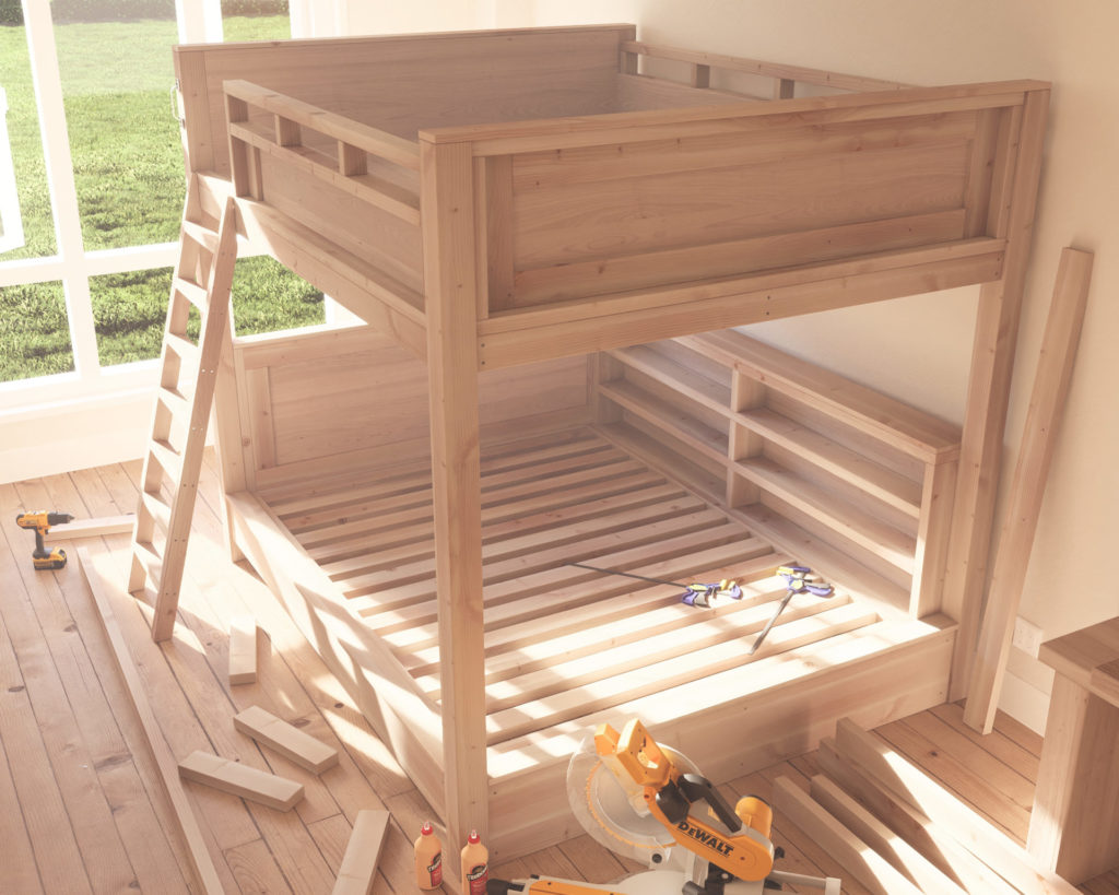 A beautiful, country-style wooden loft bed with two queen mattresses, adorned with crisp white sheets in a minimalistic and comfortable room setting.