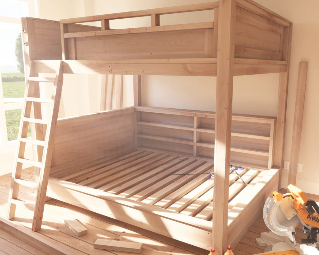 A beautiful, country-style wooden loft bed with two queen mattresses, adorned with crisp white sheets in a minimalistic and comfortable room setting.