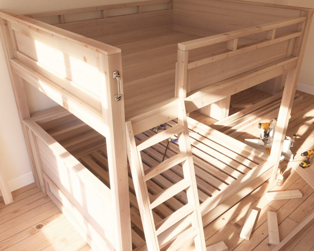 A beautiful, country-style wooden loft bed with two queen mattresses, adorned with crisp white sheets in a minimalistic and comfortable room setting.