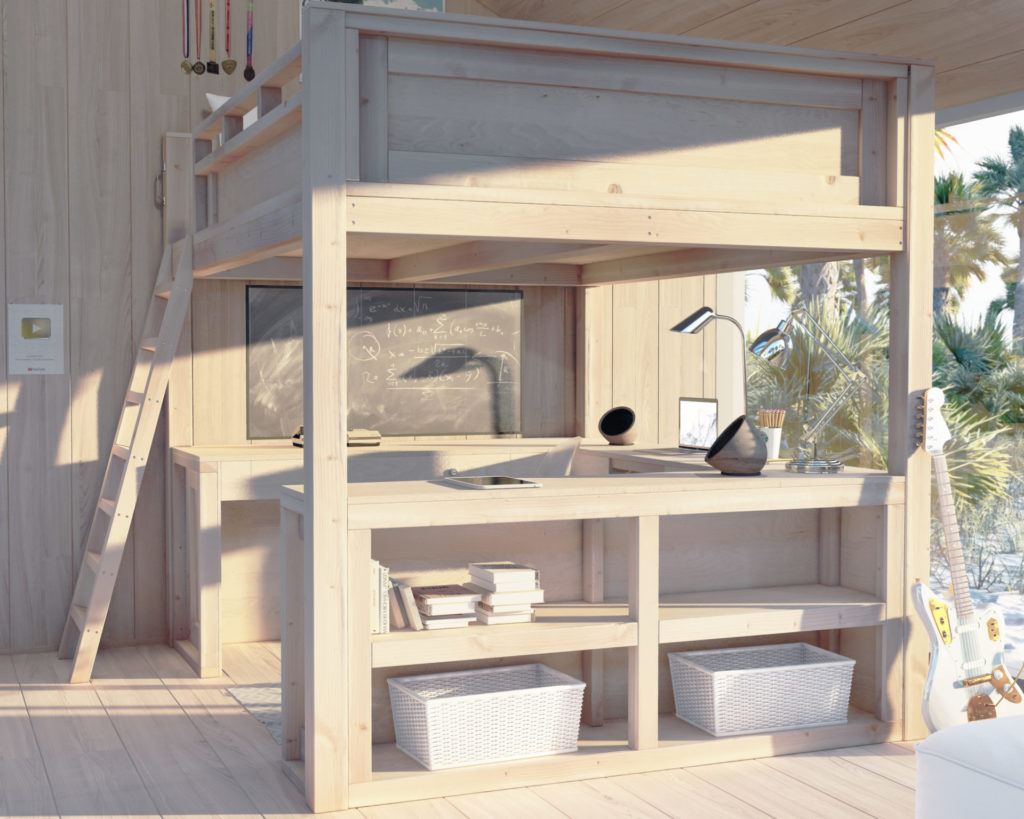 Custom-built DIY loft bed with desk and storage