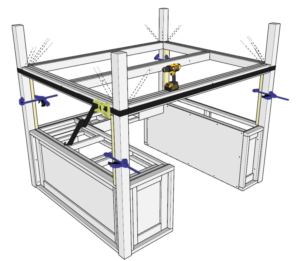 installing DIY loft bed 2x4 frame to loft bed desk, pillars , and computer tray