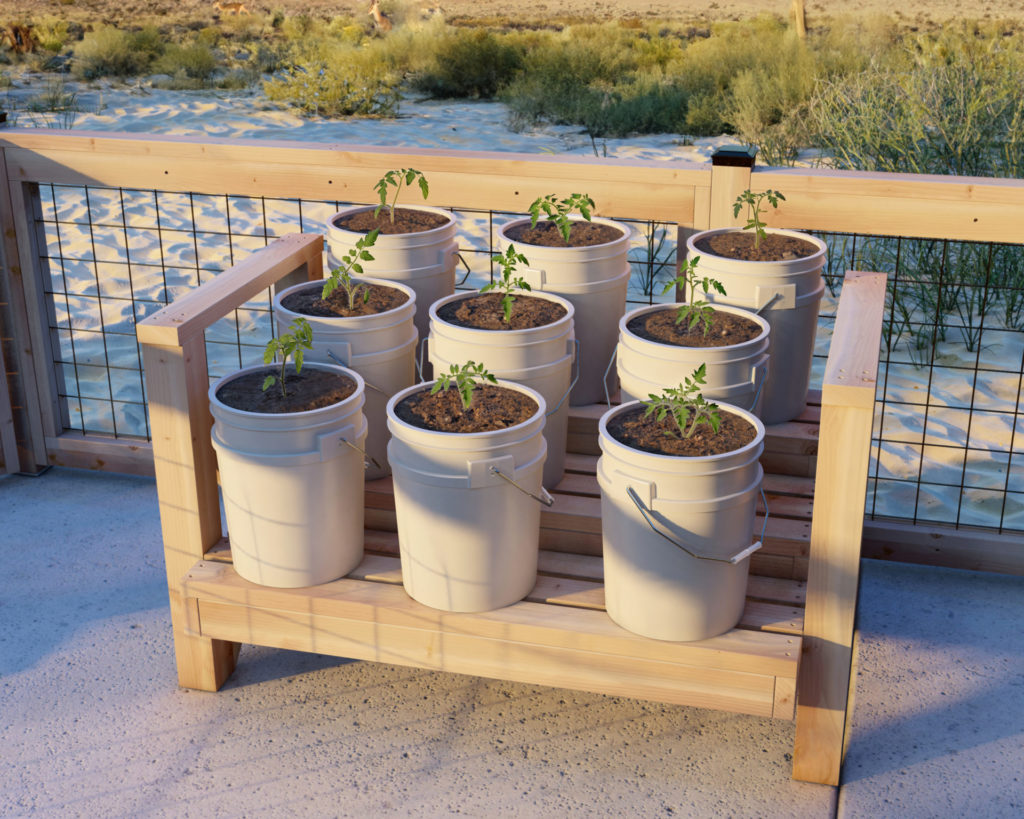 Small 6-bucket garden stand with desert background, perfect for limited space and custom gardening needs.