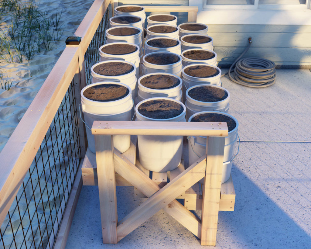 DIY wooden stair-step 5-gallon bucket planter stand