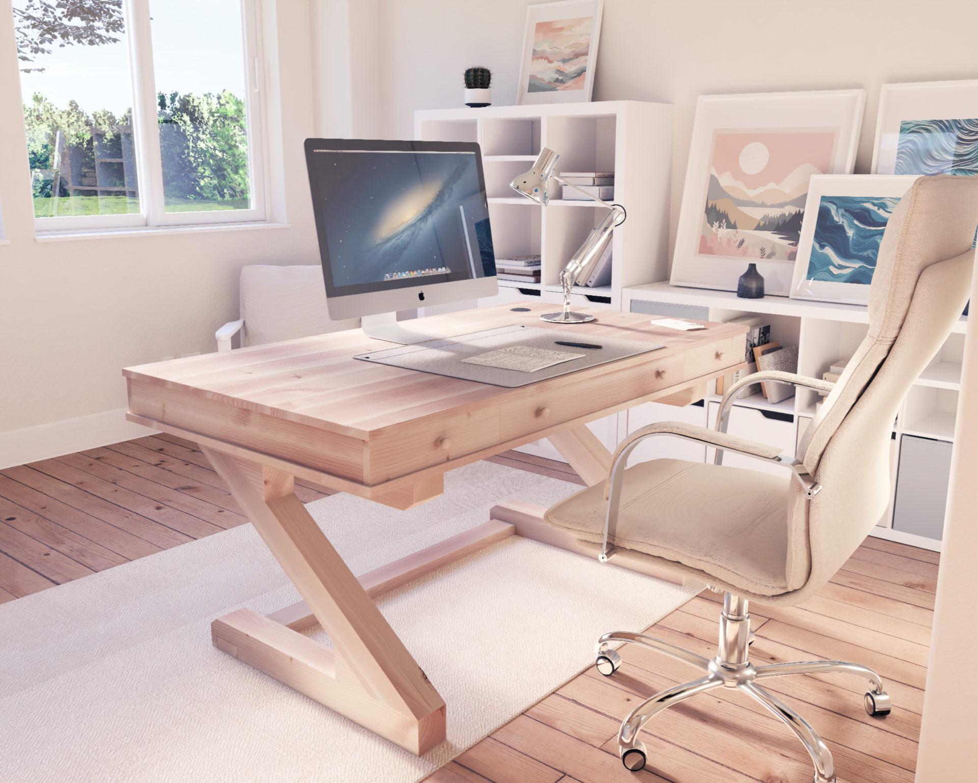 Wooden Desk for Home Office, Low Profile Desk, Floating Monitor Shelf,  Monitor Elevator, Clutter Cover, Wire Hider. Natural Wood Desk. 
