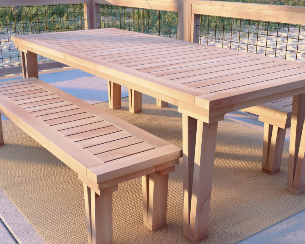 Modern wooden outdoor table and bench set in a Mojave Desert patio setting