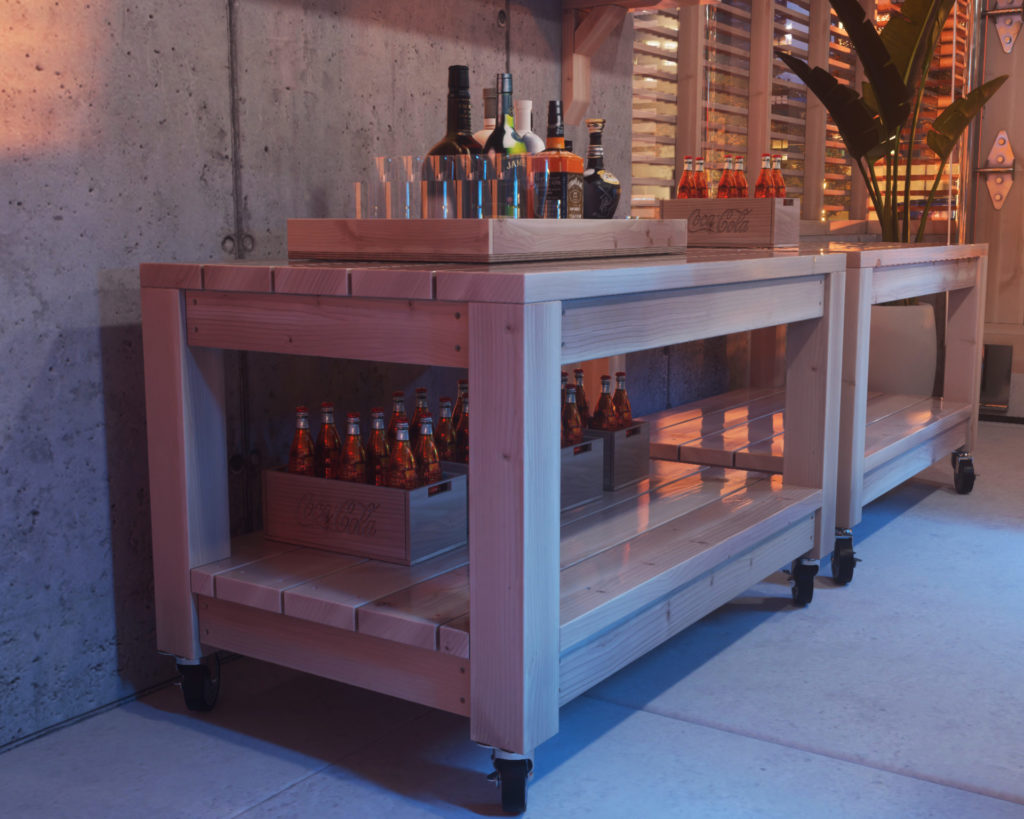 DIY Multipurpose wooden cart with glossy clearcoated top and shelf, and matte body in a garage bar setting.