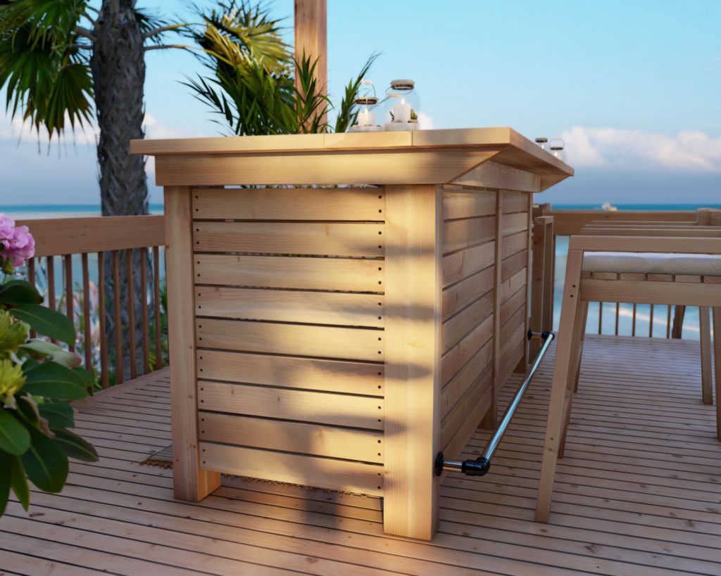 DIY tropical outdoor wooden bar built on a beachside patio with a stunning view