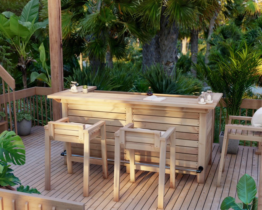 DIY tropical outdoor wooden bar built on a beachside patio with a stunning view