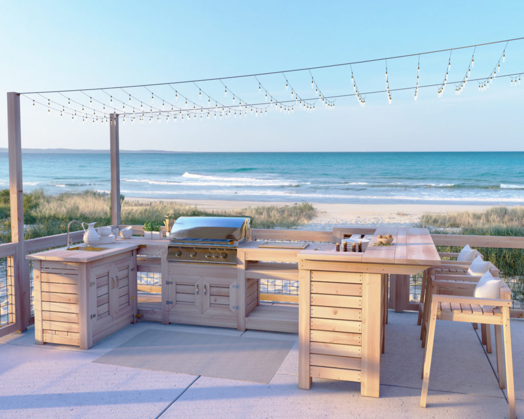 DIY outdoor kitchen with wood construction in a beach patio setting.