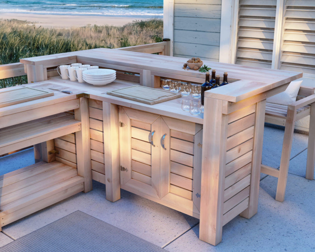 DIY outdoor kitchen with wood construction in a beach patio setting.