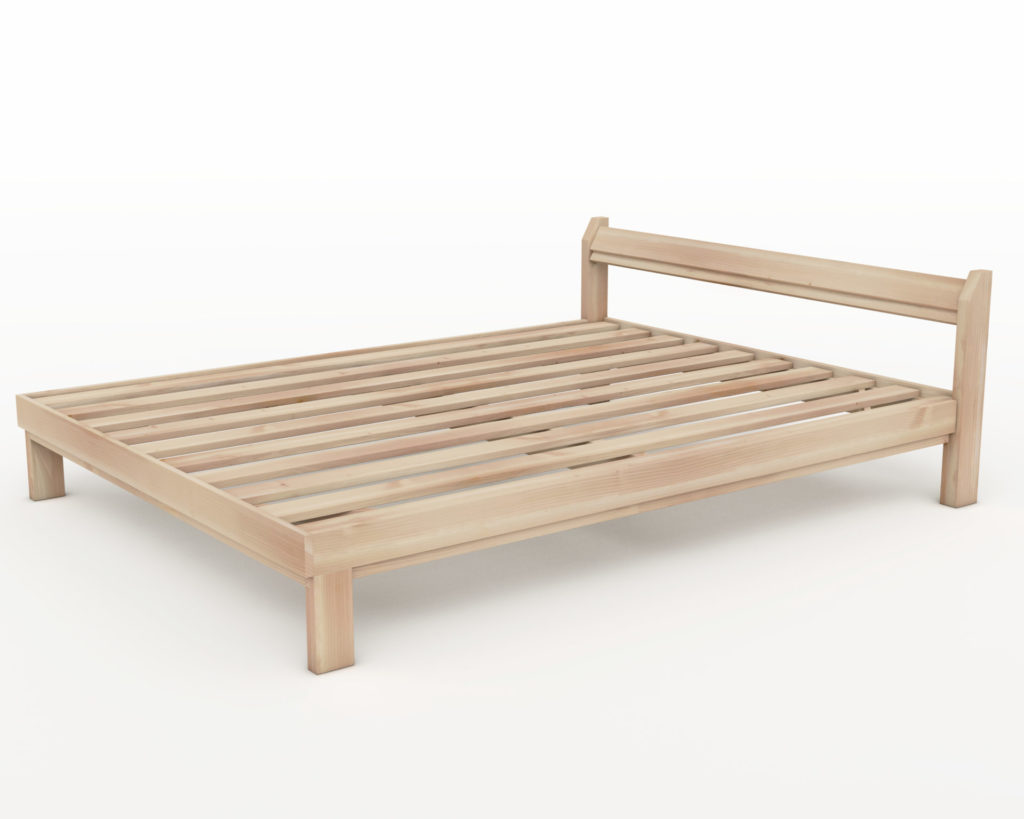 A sturdy, homemade wooden queen bed on a bright, minimalistic background.