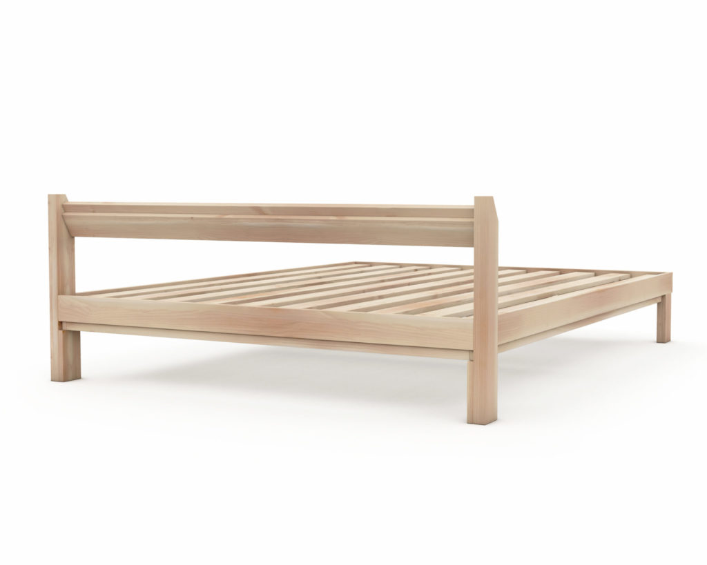 A sturdy, homemade wooden queen bed on a bright, minimalistic background.