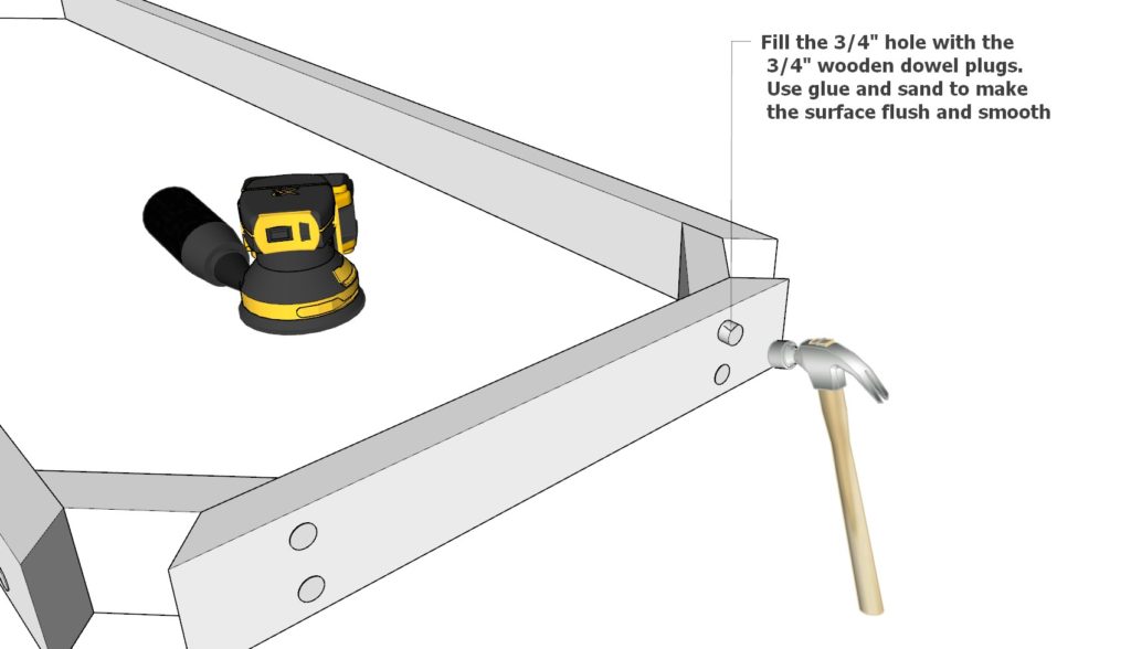 using a hammer, glue, to fill the holes to hide the screws for table top frame