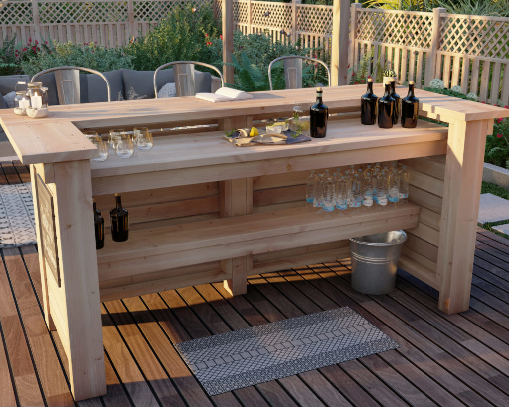 Finished DIY wooden bar set against an outdoor backdrop.