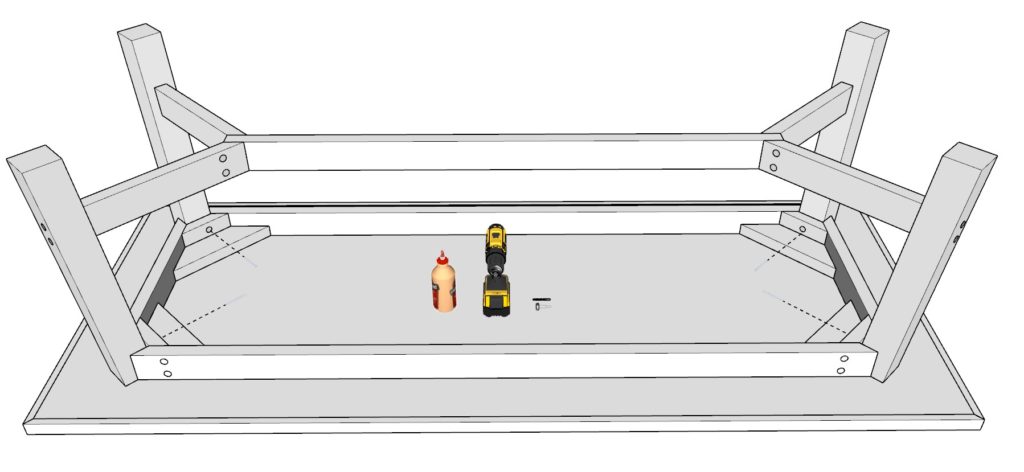 Adding screws, dowels, glue to secure the components of the table base together