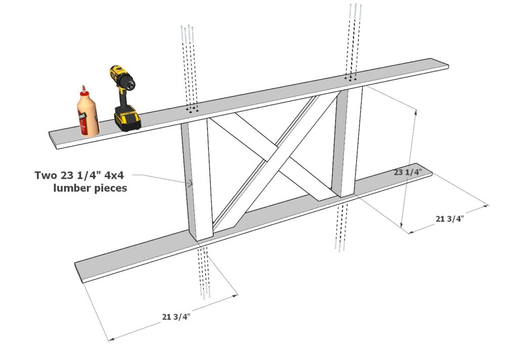 Adding the stretcher lumber plants to DIY farmhouse table base