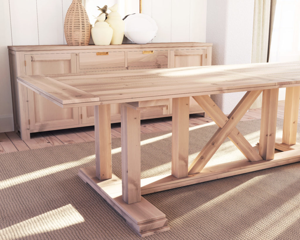 Wooden farmhouse table with crossbuck base.
