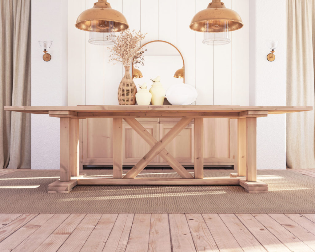 Wooden farmhouse table with crossbuck base.