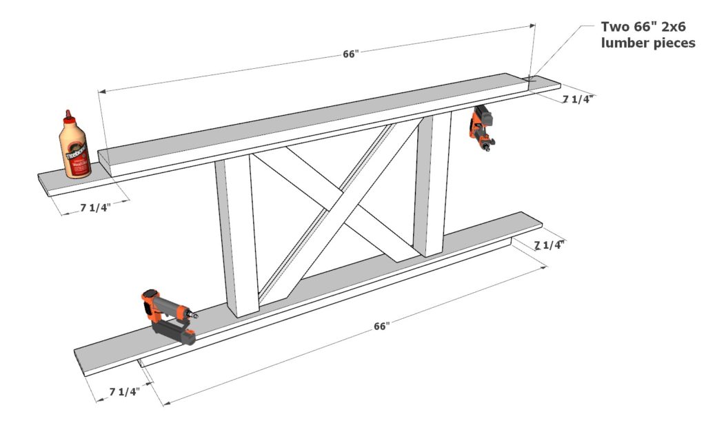 Adding the stretcher lumber plants to DIY farmhouse table base