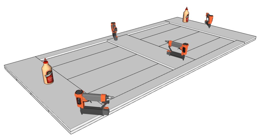 Table top construction from common boards. Using nail gun to secure boards