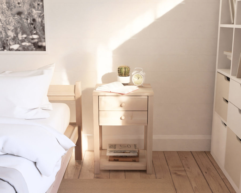 Handcrafted DIY wooden nightstand with dual drawers and storage shelf