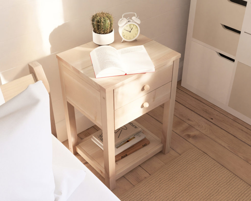 Handcrafted DIY wooden nightstand with dual drawers and storage shelf
