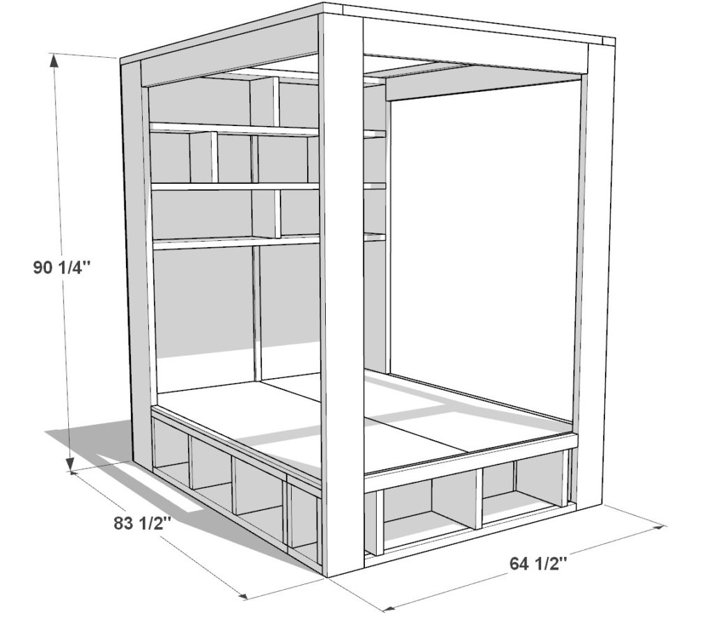 DIY Bed Frame With Storage, DIY Queen Bed With Storage Plan, DIY Queen Bed For Beginners dimensions