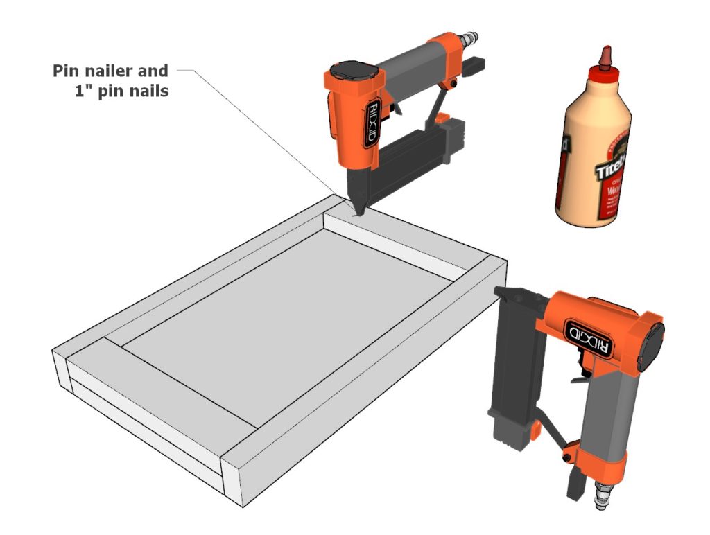 using pin nails and glue to secure night stand back