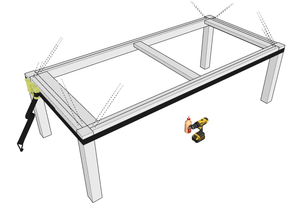 Adding table legs made of 4x4 lumber using ratchet straps